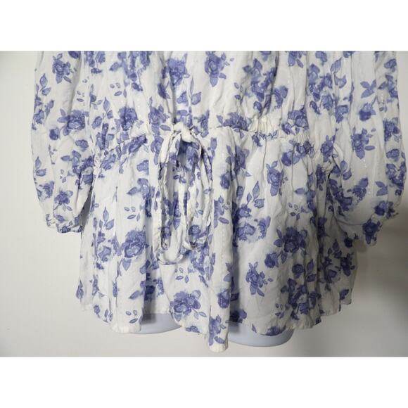 Como Blu Womens Top 3X Blue White Floral Prairie Cottage Core Cinch Waist - Picture 11 of 12